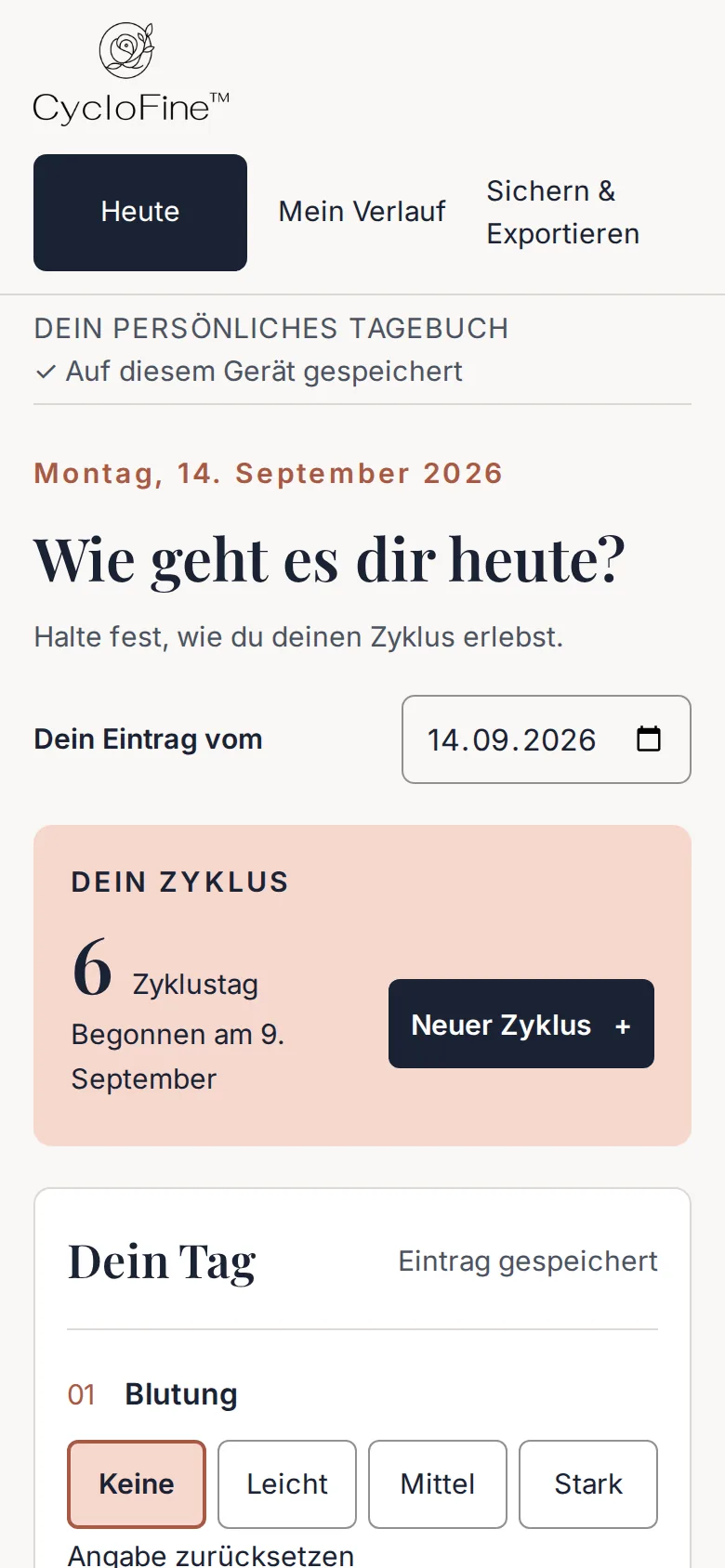 Ansicht Heute: Eingabe von Blutung, Schmerzen, Stimmung, Energie, Schlaf