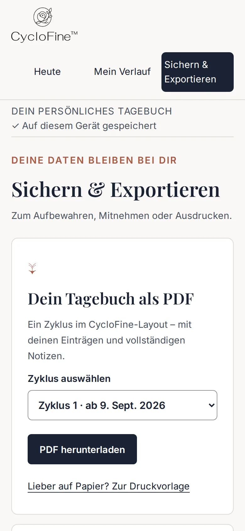Ansicht Sichern & Exportieren: Tagebuch als PDF herunterladen und Einträge sichern