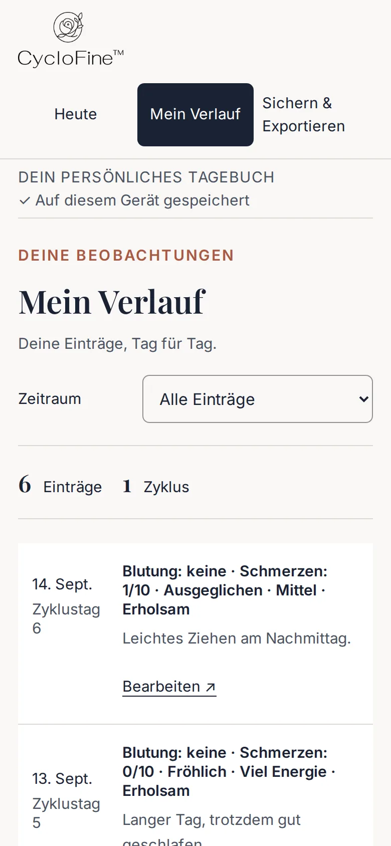 Ansicht Mein Verlauf: die Einträge der vergangenen Tage mit Zyklustag und Notiz