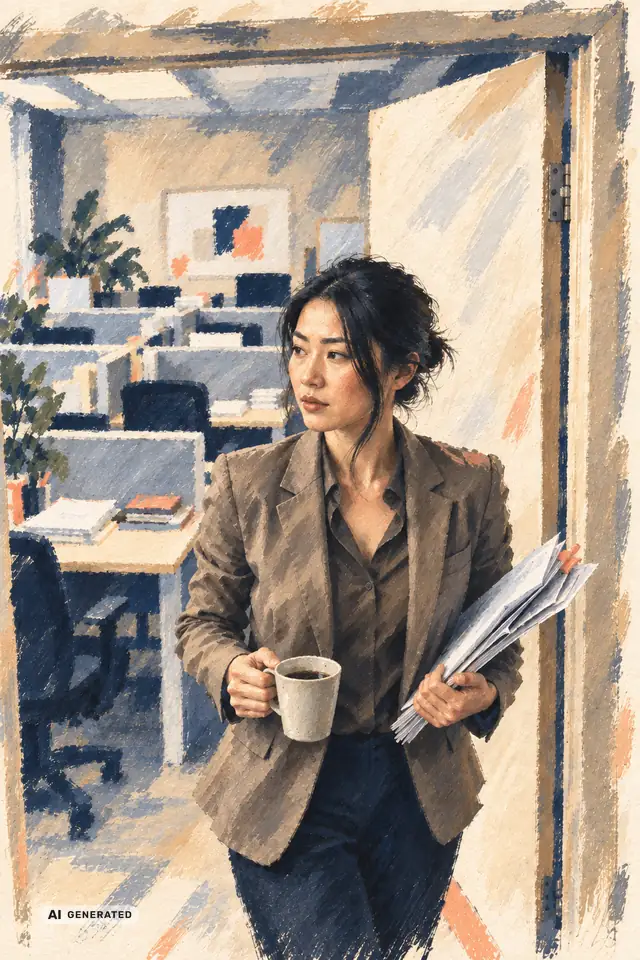 Frau mit Kaffeetasse und Unterlagen an der Bürotür (KI-generierte Illustration)