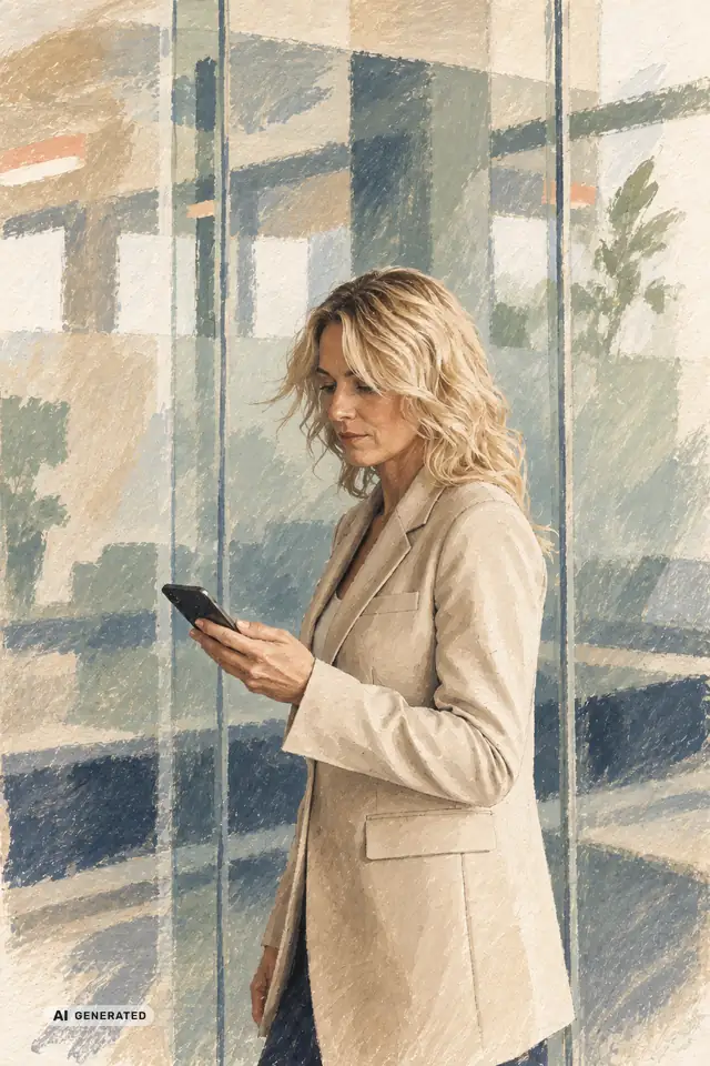 Geschäftsfrau mit Smartphone vor einer Glasfassade (KI-generierte Illustration)