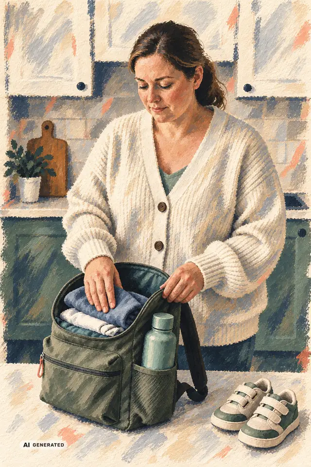Mutter packt morgens in der Küche einen Kinderrucksack (KI-generierte Illustration)