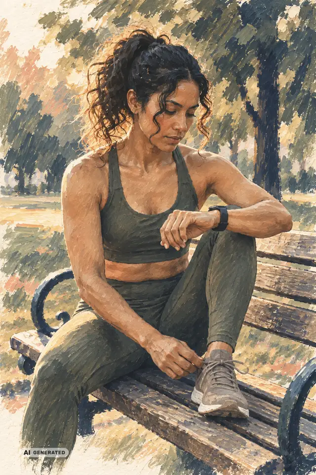 Sportlerin sitzt abends auf einer Parkbank (KI-generierte Illustration)
