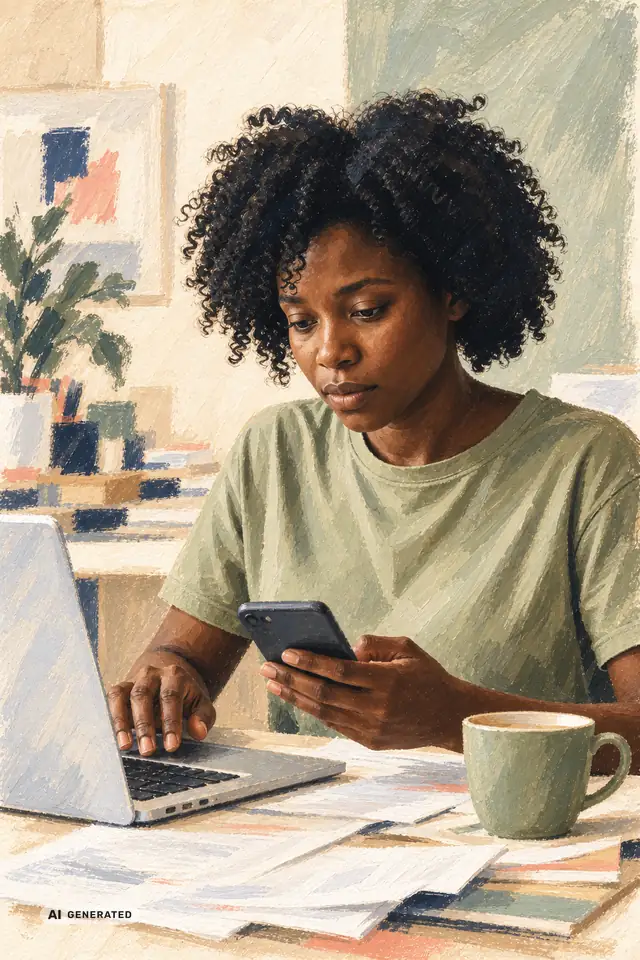 Frau arbeitet am Schreibtisch am Laptop (KI-generierte Illustration)