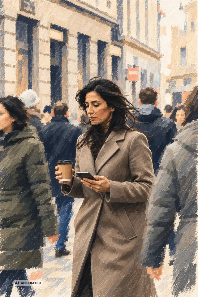 Frau mit Kaffeebecher unterwegs in der Stadt (KI-generierte Illustration)